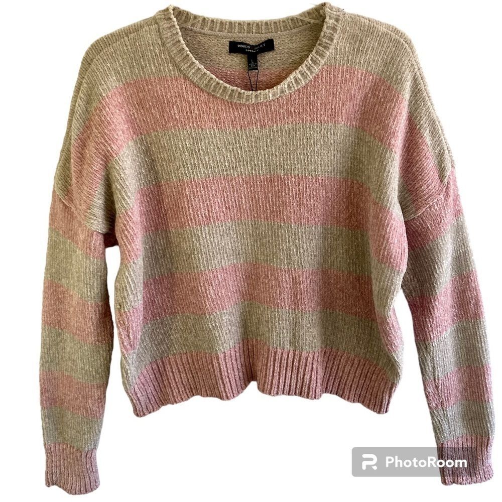 Romeo and Juliet Couture Cropped Sweater Women's Large Rose Mink Tan Pink Stripe